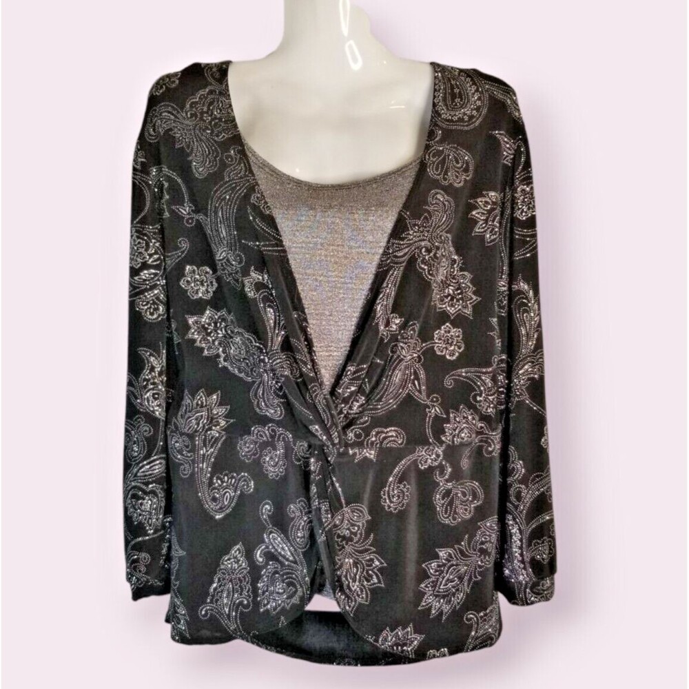 Women's Blouse Champagne Dream Event Party Sparkle Floral Silver Design NEW 2X